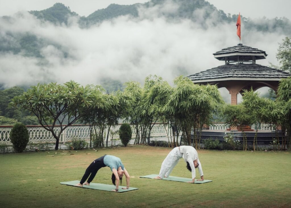 A serene outdoor yoga session with the Himalayas as a backdrop in Rishikesh, India.